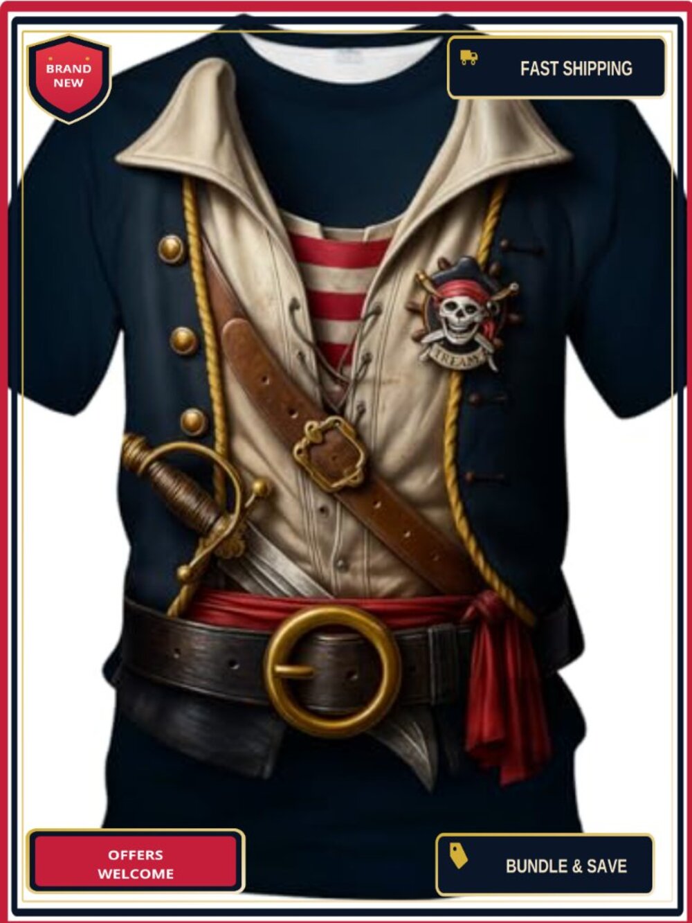 Funny Pirate Costume Graphic Tee Novelty Short Sleeve Crewneck Party Shirt